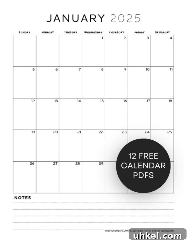 2025 Monthly Calendar PDF with Lined Notes — Free Printable 2 january 2025 calendar with lines PDF