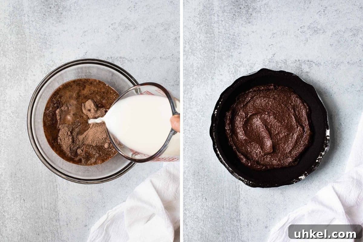 No-Bake Chocolate Pudding Pie with Cool Whip and Jell-O 4 2 photo collage adding milk to dry pudding; pudding spread in crust.