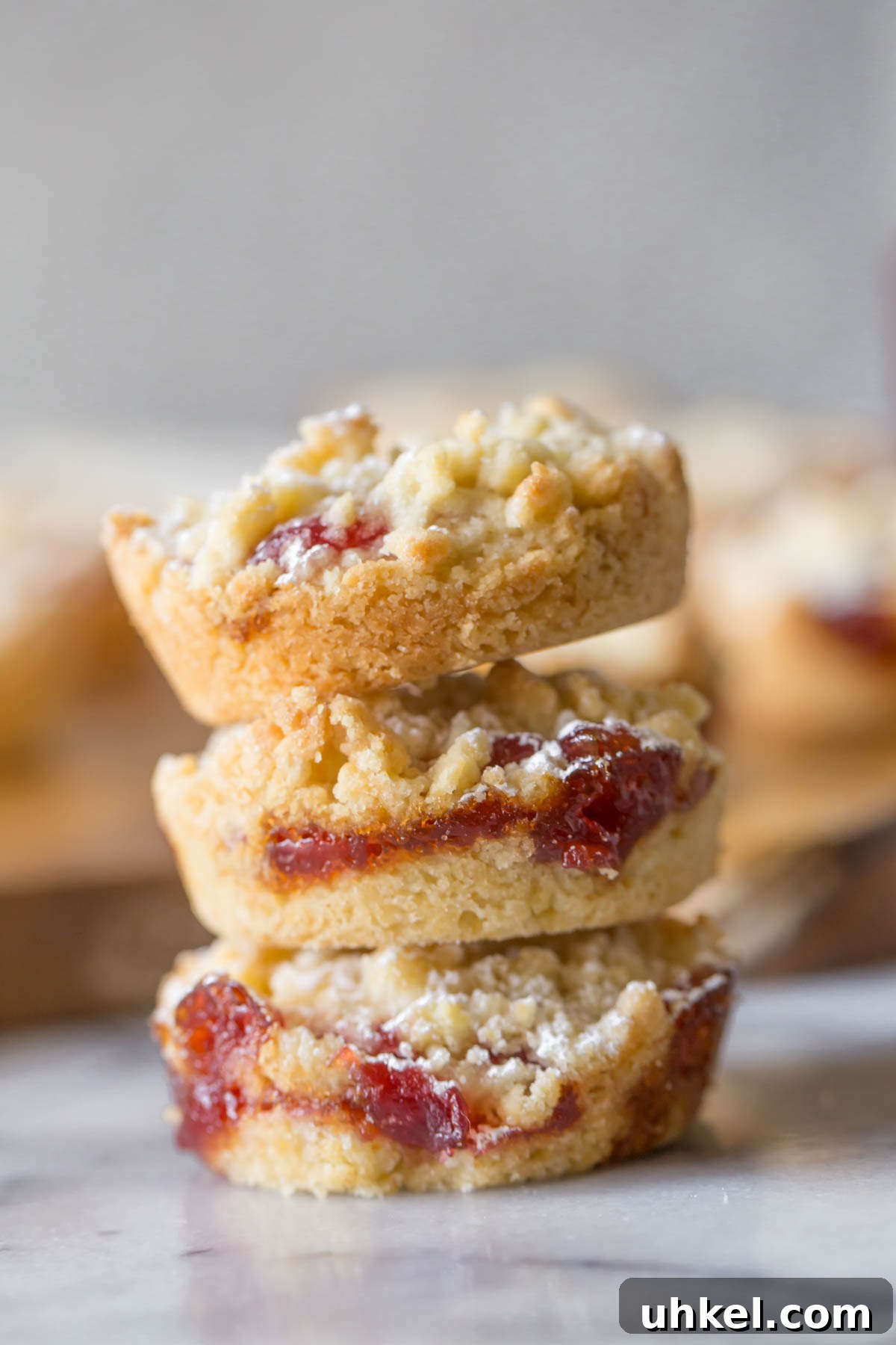 Costco Raspberry Crumble Cookies Review & Where to Buy 48 Close up shot of Costco Raspberry Crumble Cookies stacked three high.