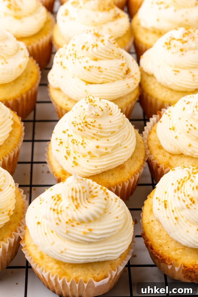 Champagne-Infused Cupcakes: Sparkling Celebration Recipe 10 frosted sprinkle topped champagne flavored cupcakes on a metal cooling rack