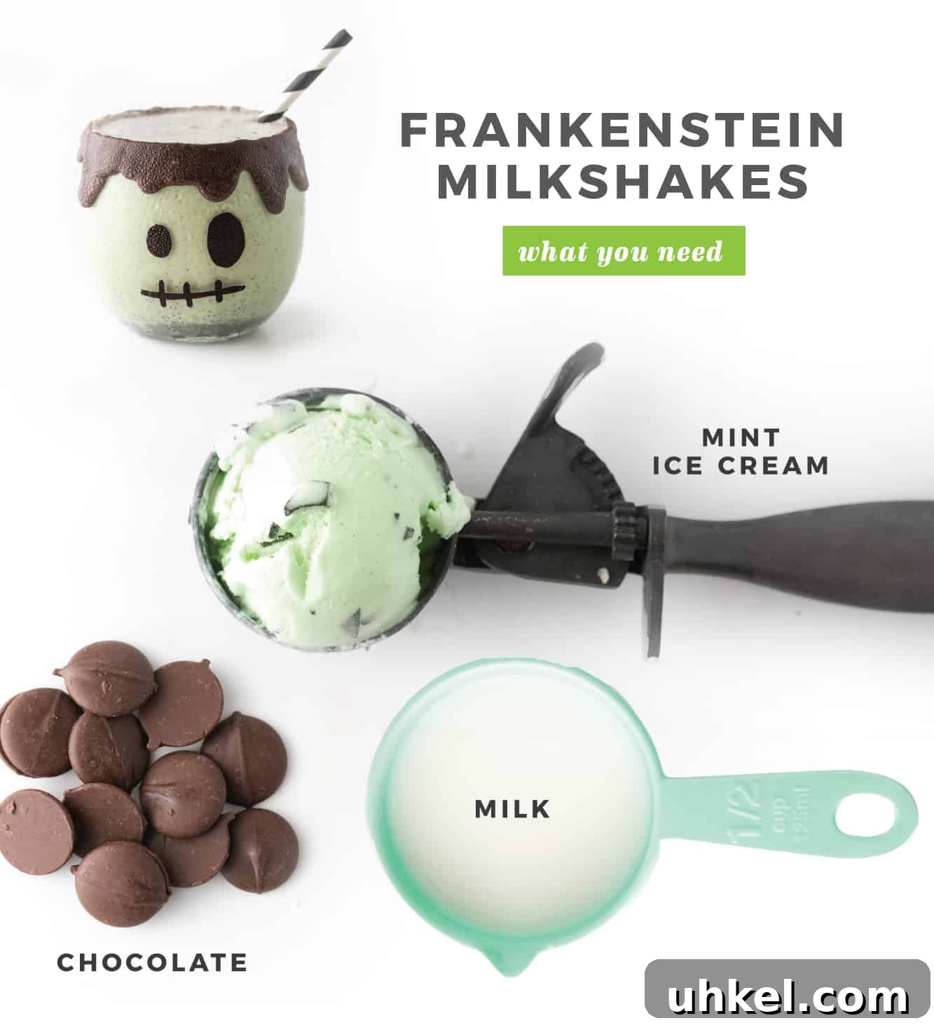 Frankenstein Halloween Milkshakes: Green Monster Dessert Recipe 3 Ingredients to make Frankenstein Halloween Milkshakes. Mint chip ice cream scoop, dark chocolate wafers, blue measuring cup of milk, frankenstein milkshake.