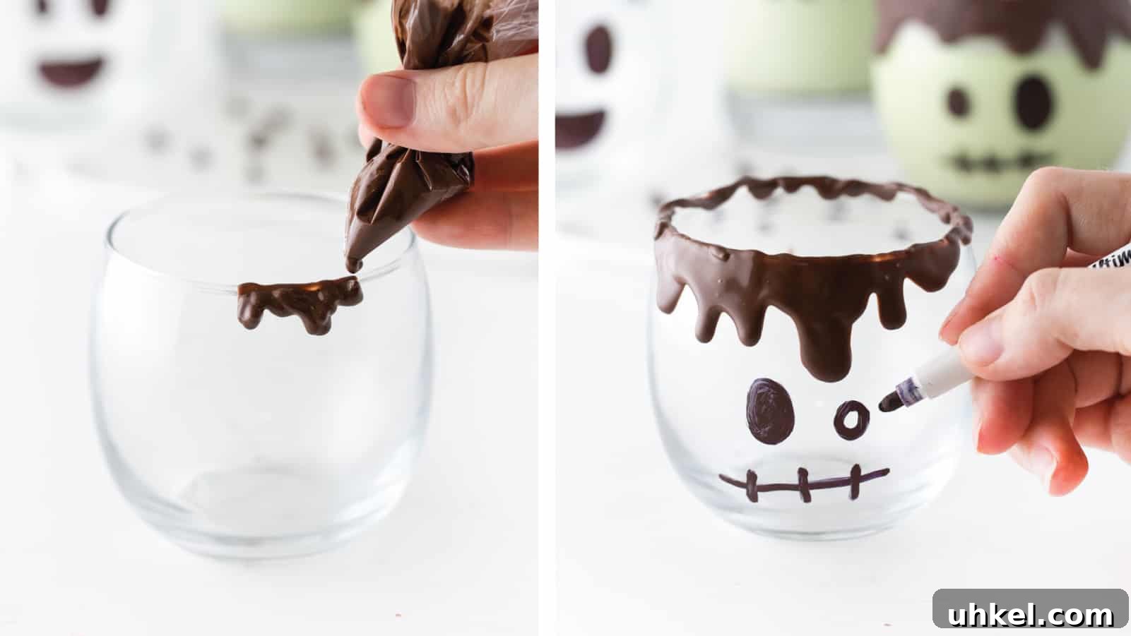 Frankenstein Halloween Milkshakes: Green Monster Dessert Recipe 5 Hand piping chocolate over rim of glass cup. Hand drawing Frankenstein face on clear glass with permanent marker. Easy Halloween Milkshakes.