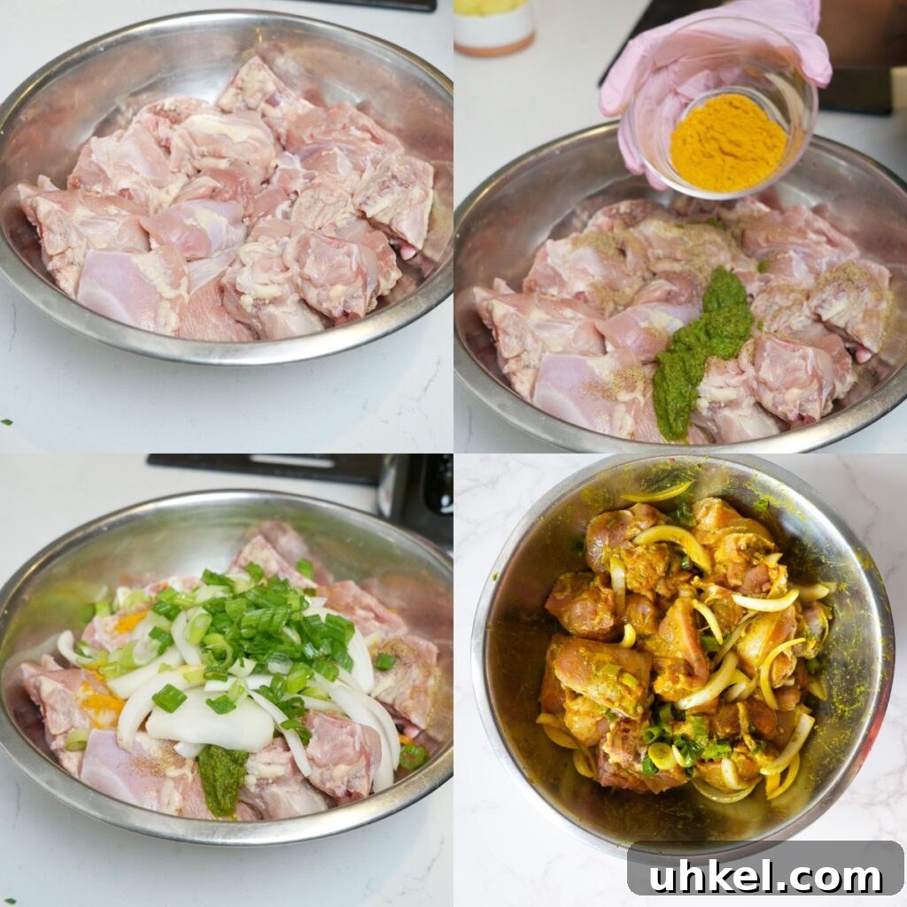 Authentic Jamaican Curry Chicken Recipe: Rich Island Flavor 6 Step by step of marinating the chicken with seasonings.