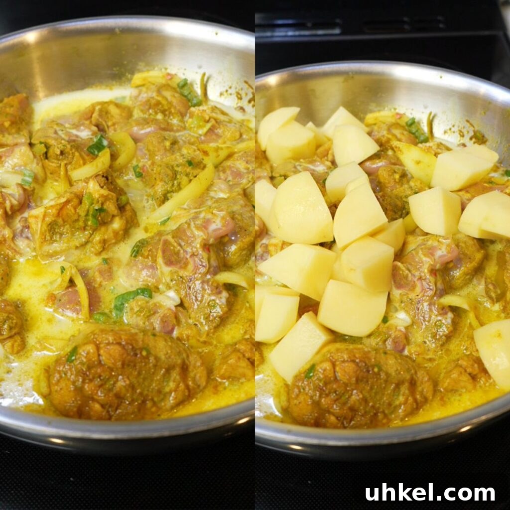 Authentic Jamaican Curry Chicken Recipe: Rich Island Flavor 8 Jamaican curry simmering in a pot with seasonings, coconut milk and potatoes.