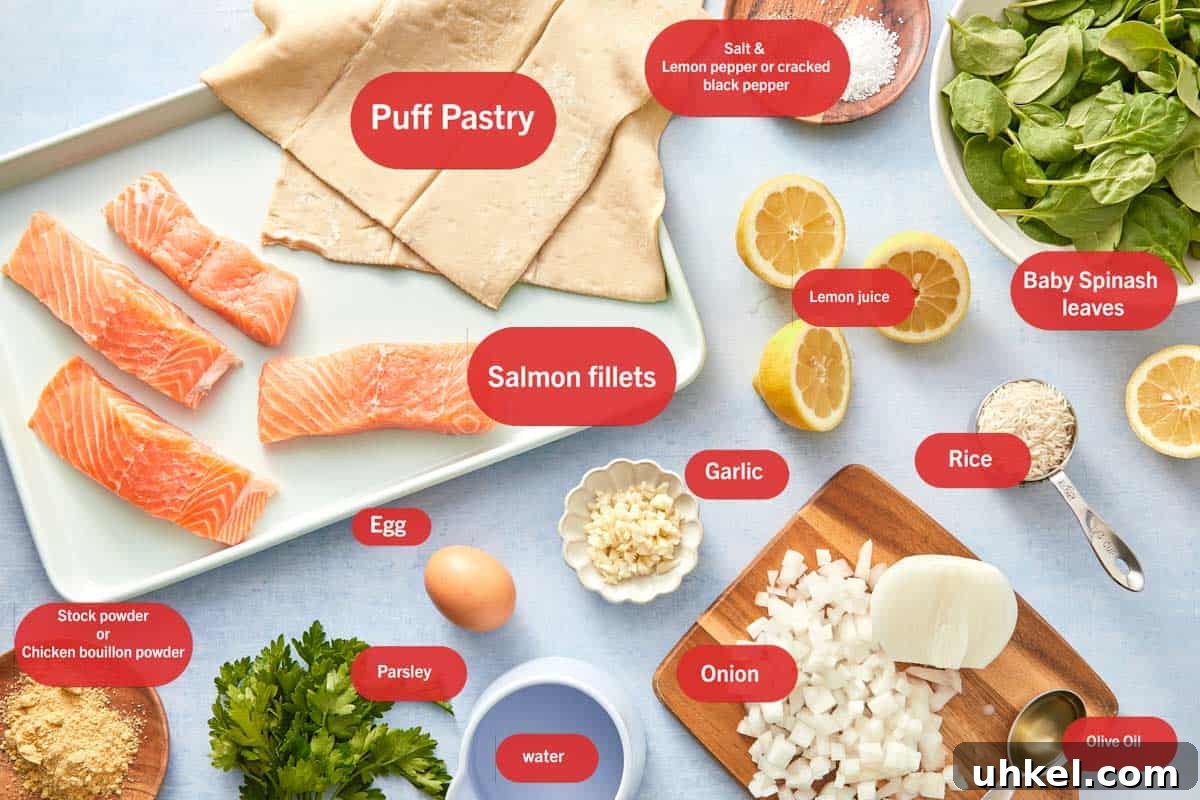 Top-down view of labeled ingredients for Puff Pastry Salmon Parcels.