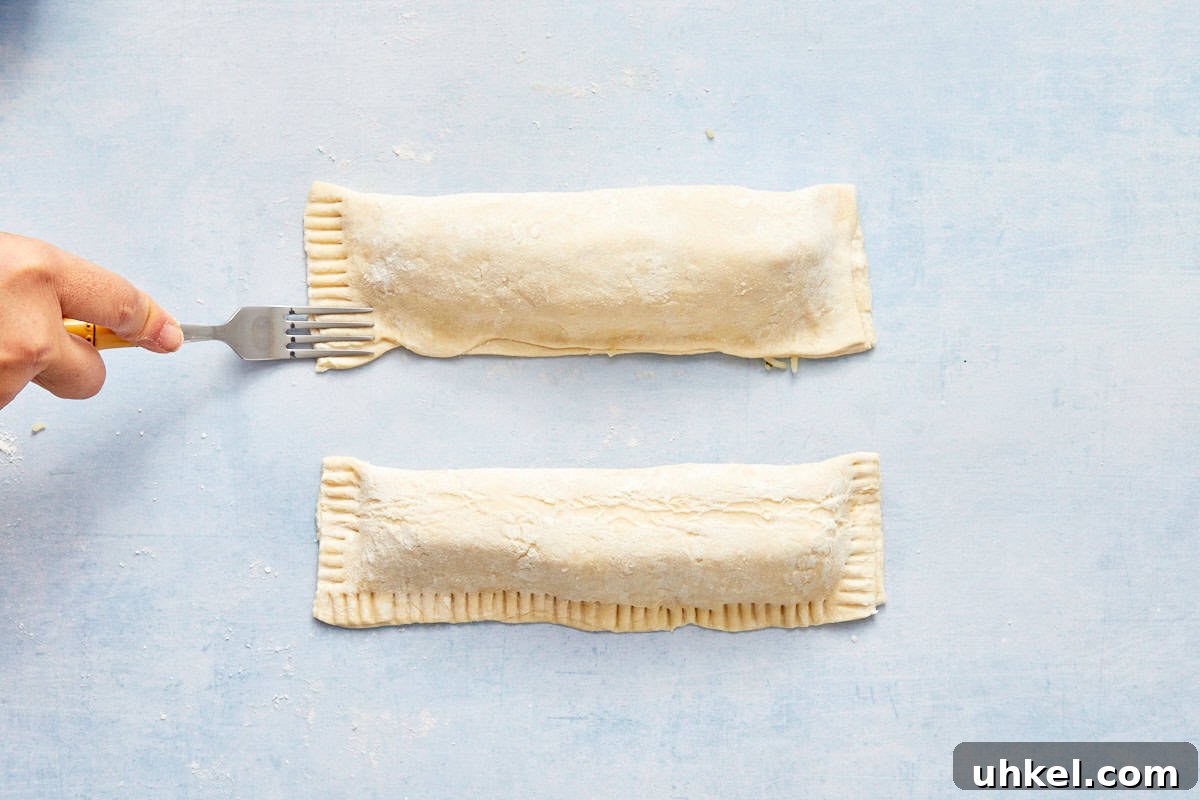 Fork pressing the edges of the puff pastry parcel to seal it.