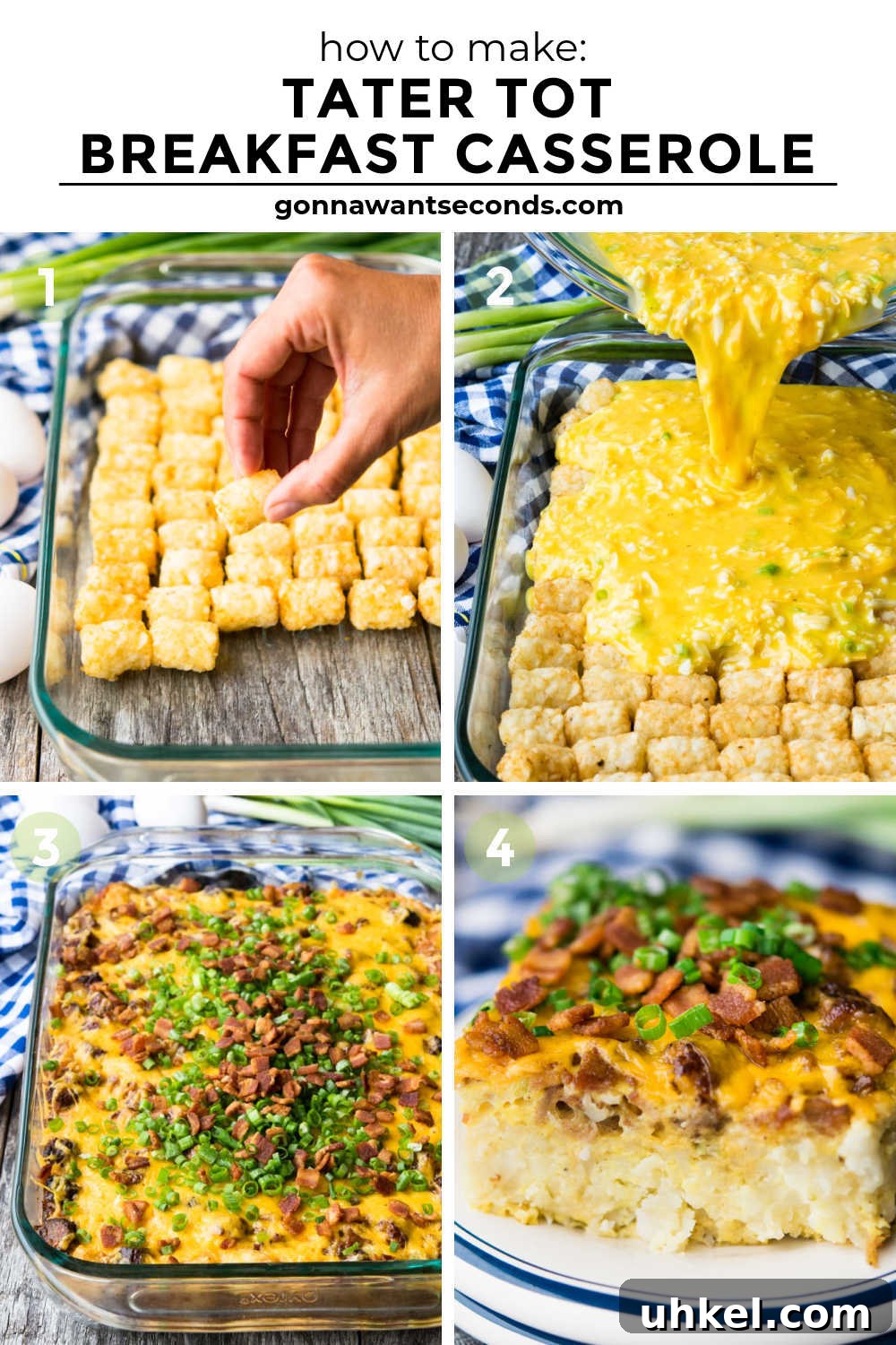 Tater Tot Breakfast Casserole is an easy cheesy blend of the best breakfast items to create tasty layers that satisfy a hungry crowd. Step by step how to make Tater Tot Breakfast Casserole