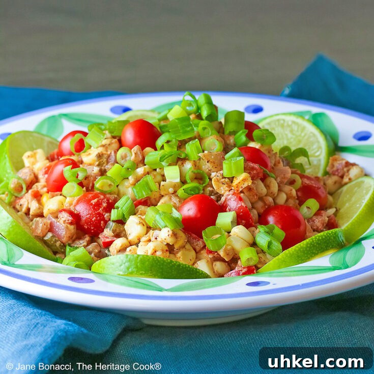 Freshly cut corn tossed with sauteed vegetables and spicy seasoned creamy sauce with red cherry tomatoes and green onions on top, lime slices around the edges of the bowl © 2024 Jane Bonacci, The Heritage Cook.