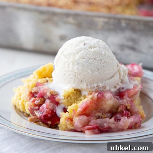 cherry dump cake topped with vanilla ice cream on a white plate.