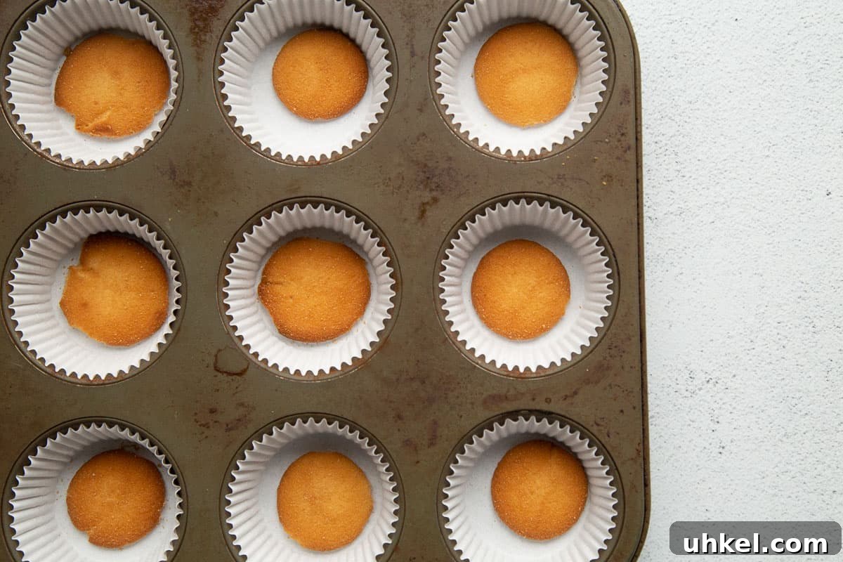 Mini Cherry Cheesecake Bites: Perfect Party Dessert Recipe 4 vanilla wafers in cupcake liners in a 12-cup muffin tin.