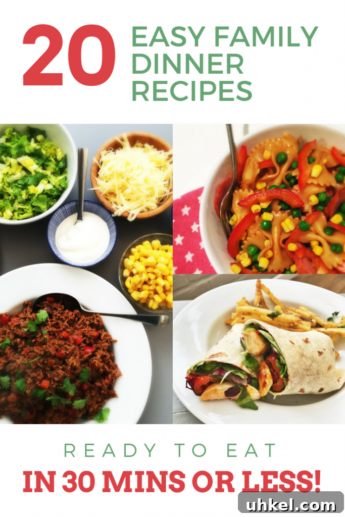 30-Minute Family Dinner Recipes Your Whole Family Will Love 2 burrito bar with mince, salad and toppings, bbq pasta pot and sweet chilli chicken wraps with fries. Text overlay saying 'easy family dinner recipes ready in 30 minutes or less'