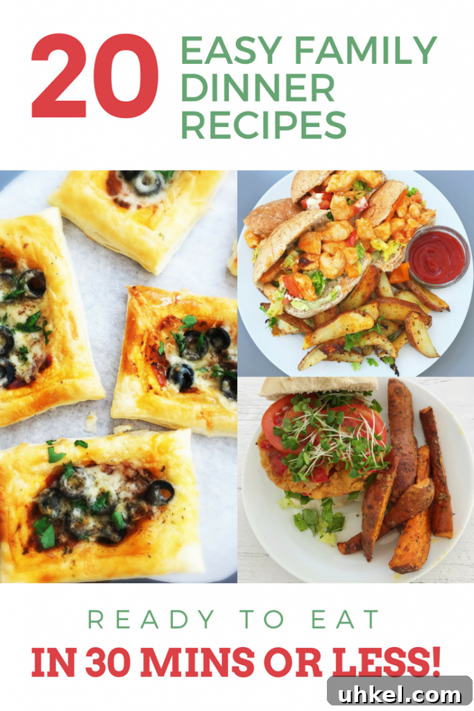30-Minute Family Dinner Recipes Your Whole Family Will Love 23 pizza puff tarts on a white tray, cheesy chicken subs with oven baked wedges and vegan burger with sweet potato wedges. Text overlay saying 'easy family dinner recipes ready in 30 minutes or less'