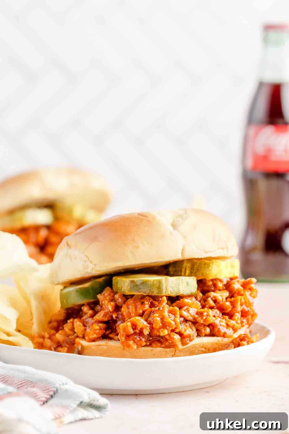 Ground Turkey-Style Sloppy Joes with Ground Chicken 8 sloppy joe made with ground chicken garnished with pickle slices on white plates.