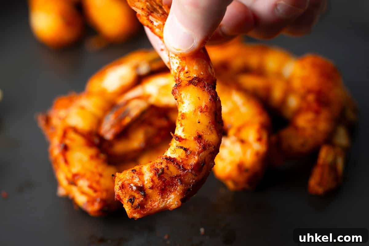 Smoked Shrimp Recipes: How to Smoke Shrimp Perfectly 12 Fingers holding a smoked shrimp showing red color and spices with a black background.