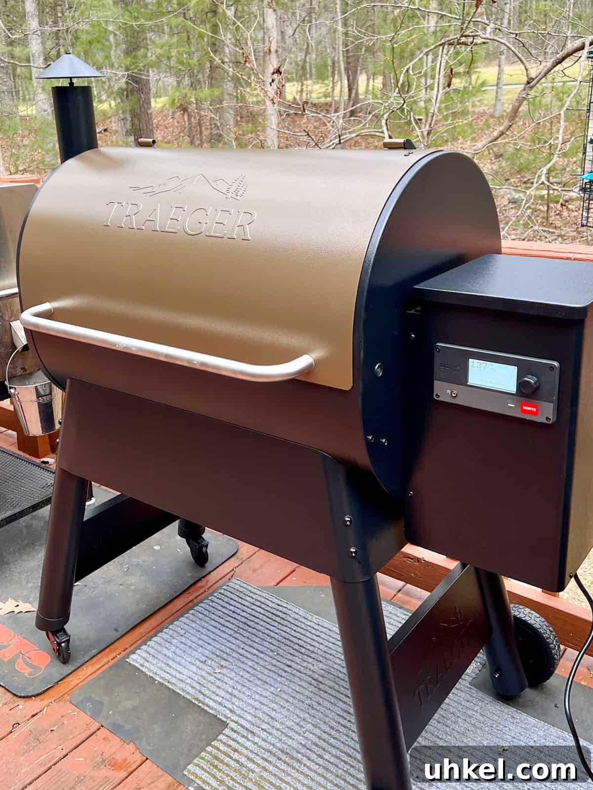 Smoked Shrimp Recipes: How to Smoke Shrimp Perfectly 13 Traeger grill on deck with woods in the background.