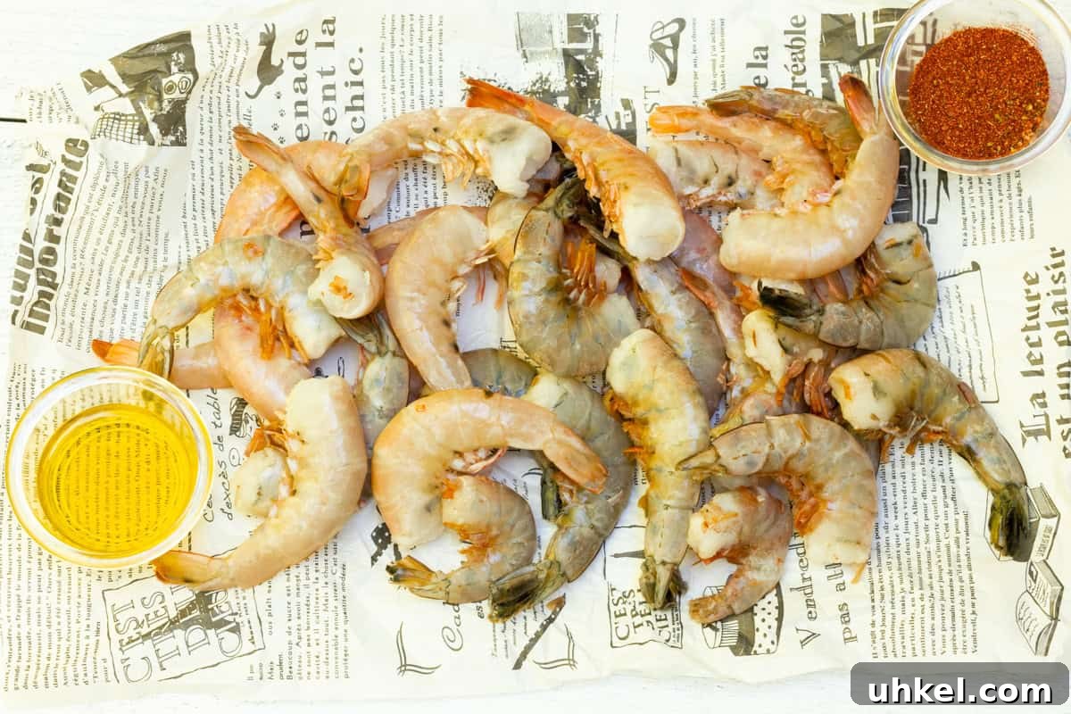 Smoked Shrimp Recipes: How to Smoke Shrimp Perfectly 3 Uncooked shrimp on newspaper surrounded with a dish of olive oil and spices.