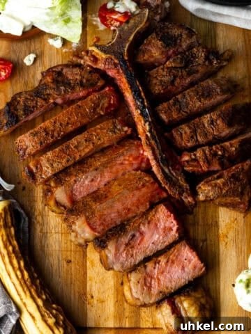 Grilled t bone steak sliced on cutting board with side salad and butter.