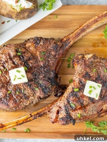 Two tomahawk ribeye steaks topped with butter on cutting board with garnish and baked potatoes.