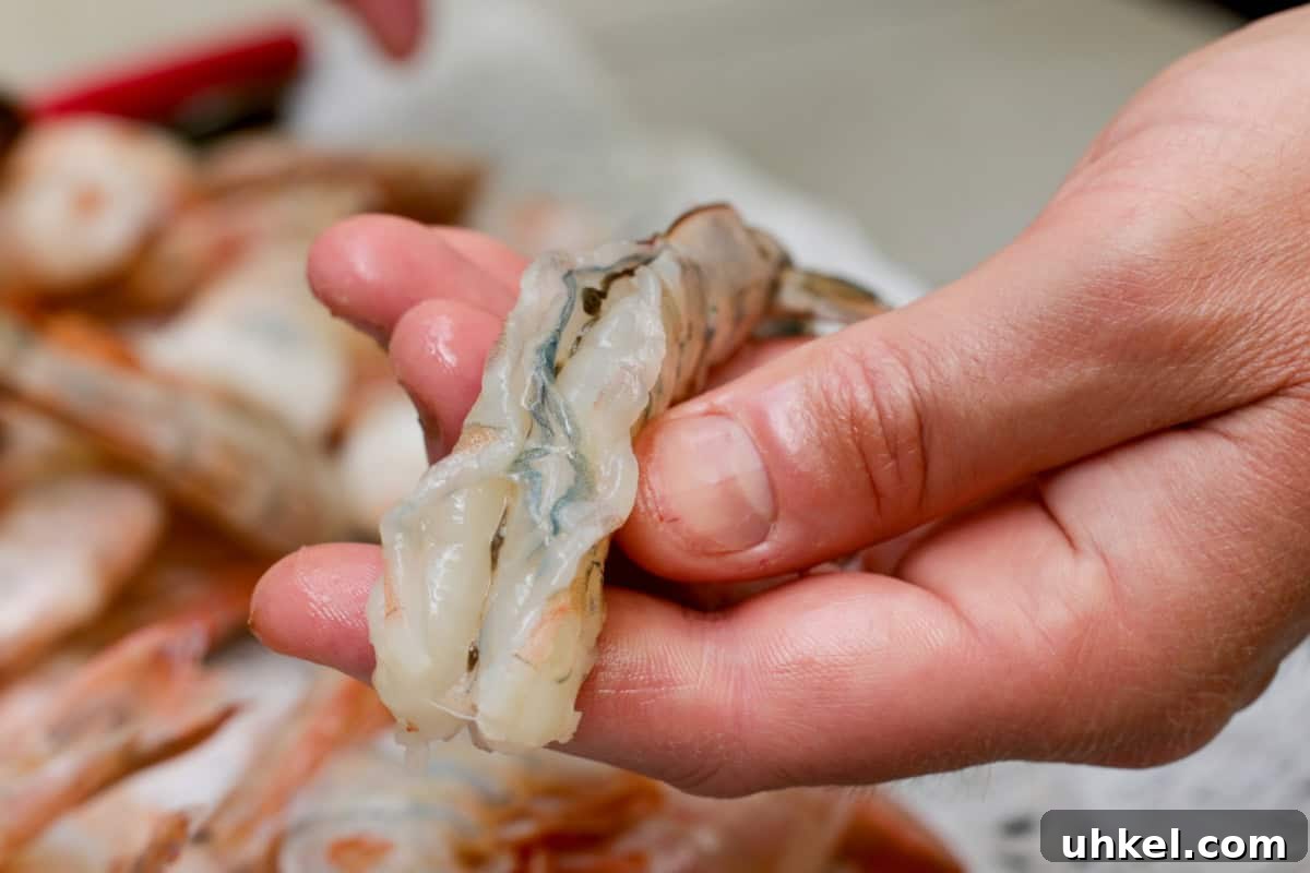 Smoked Shrimp Recipes: How to Smoke Shrimp Perfectly 5 Sliced shrimp showing vein being held in hand with plate of shrimp in background.