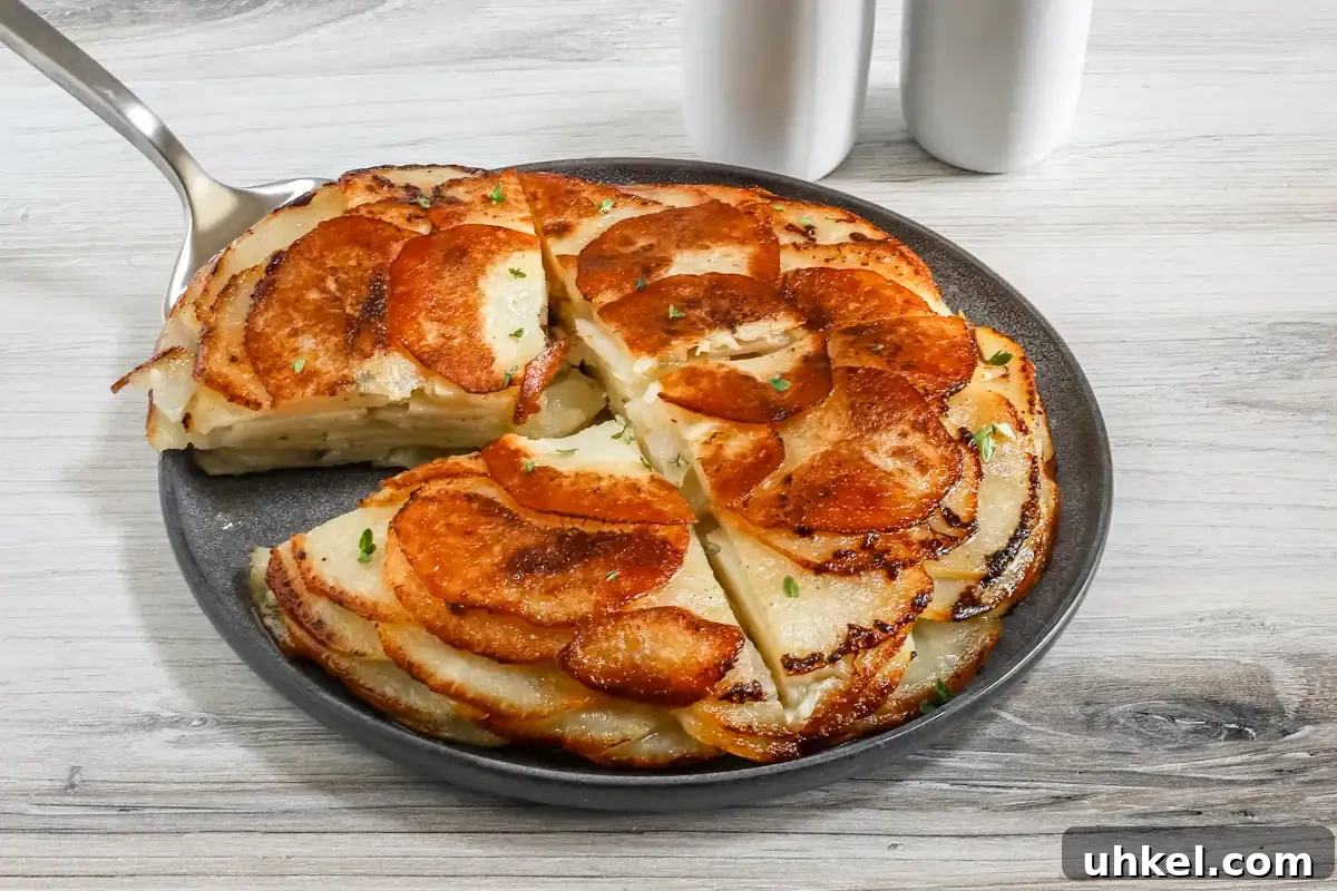 Classic Pommes Anna: Crispy French Layered Potato Cake 2 Golden baked potato and bacon casserole with cheese.