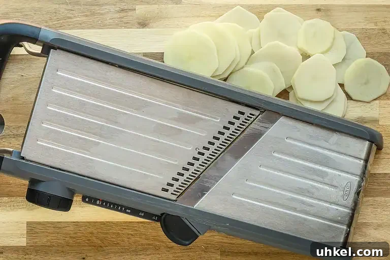 Classic Pommes Anna: Crispy French Layered Potato Cake 4 Grid-style potato slicer with sliced potatoes on wooden surface.