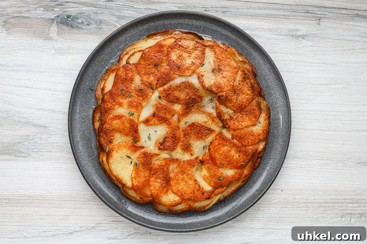 Classic Pommes Anna: Crispy French Layered Potato Cake 7 Thinly sliced, roasted potatoes layered and baked until crispy.