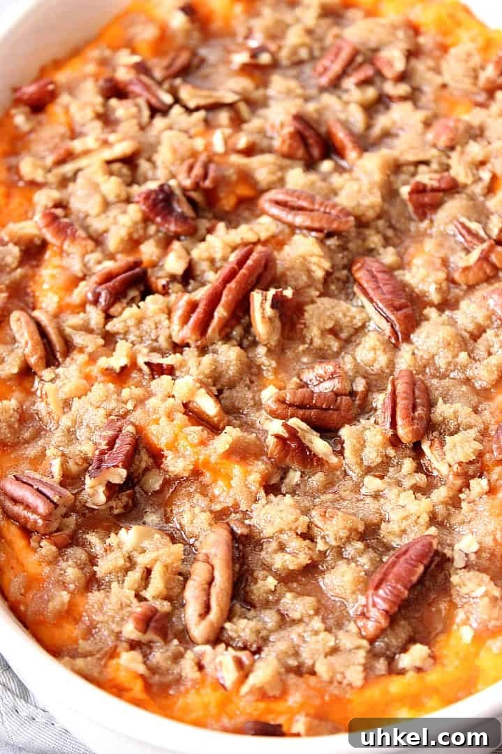 The Best Easy Sweet Potato Casserole Recipe Close up on pecan and brown sugar topping on the sweet potato casserole.