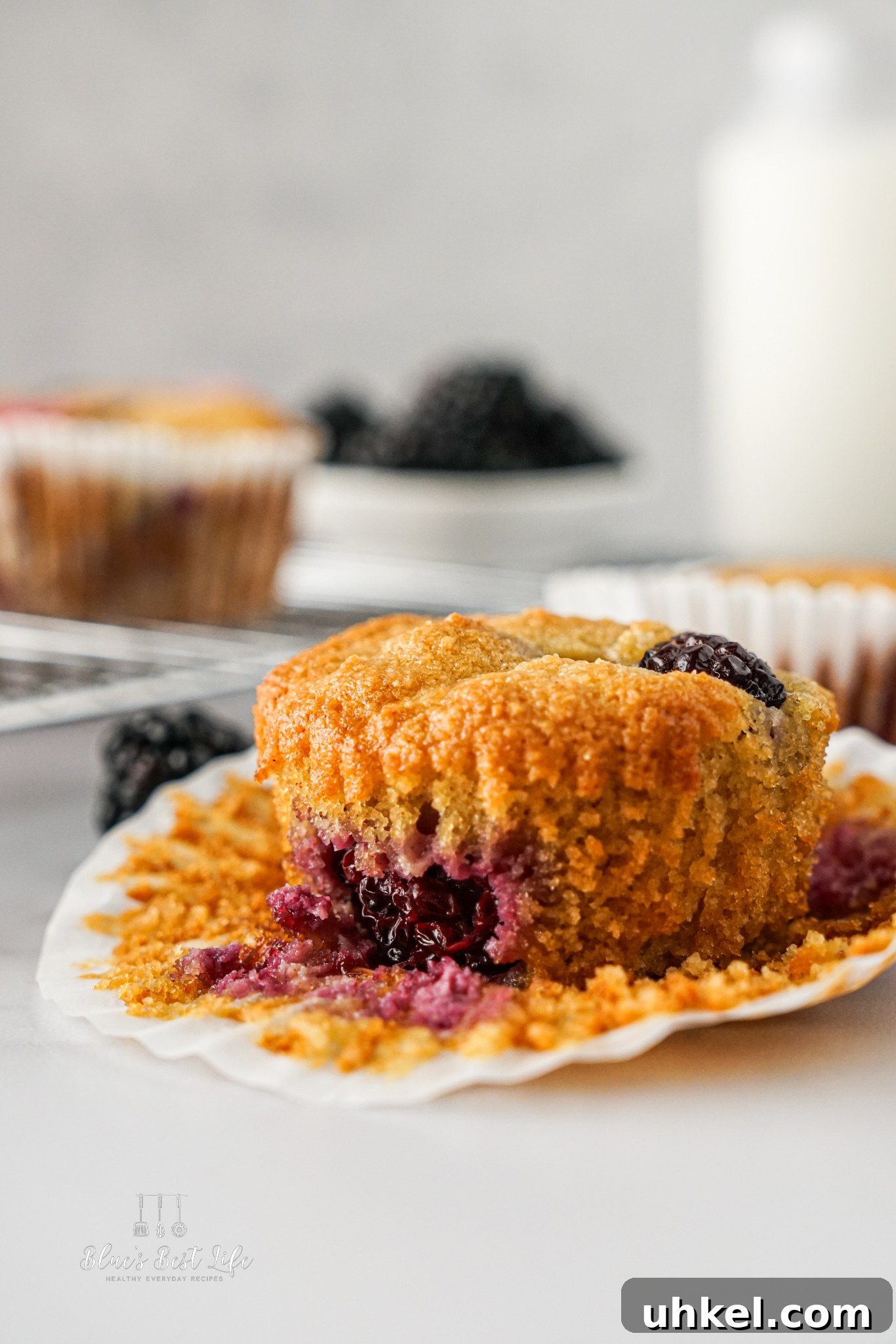 A close up of a almond flour blackberry muffin,