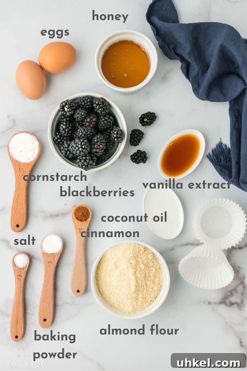 The ingredients for the blackberry muffins: eggs, honey cornstarch, blackberries, vanilla extract, salt, baking powder, baking soda, almond flour, coconut oil & cinnamon. 