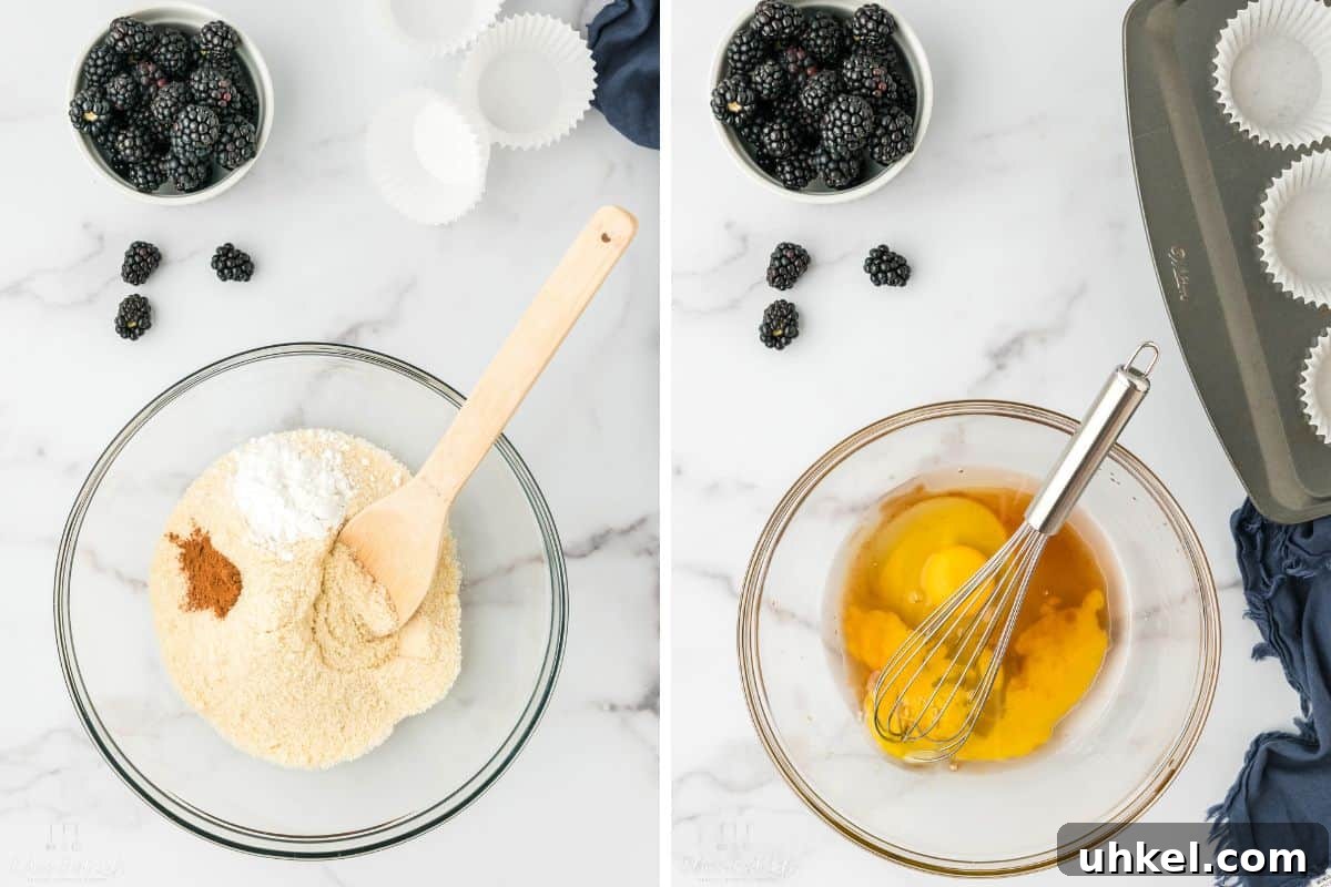 Side-by-side photo: Left: Mixing together the dry ingredients in a clear bowl. Right: mixing the wet ingredients in a separate clear bowl.