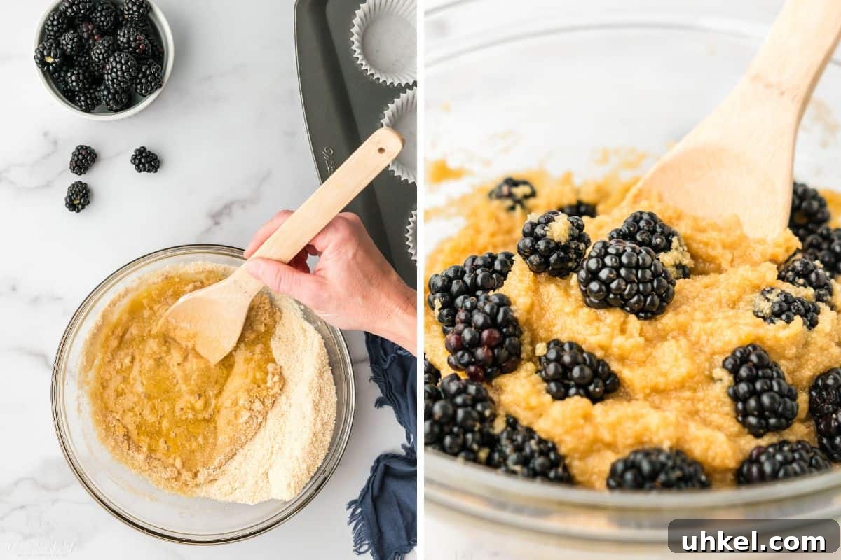 Mixing the batter and then adding the blackberries. 