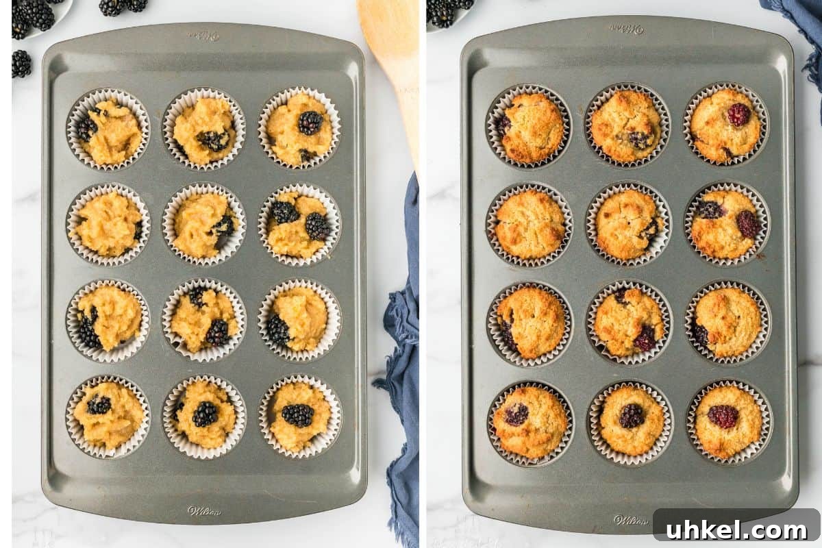 Side-by-side photo: Left: portioned muffin batter in a muffin pan. Right: golden brown baked muffins. 