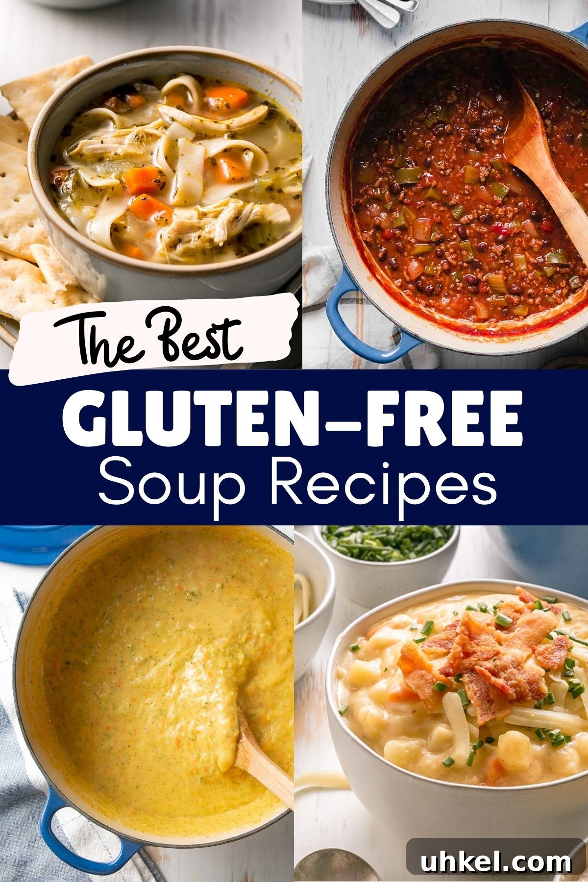 Image collage of gluten-free soups: chicken noodle, chili, broccoli cheddar, and potato soup.