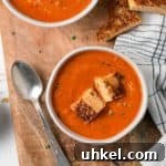 A bowl of creamy homemade gluten-free tomato soup with grilled cheese croutons on top.
