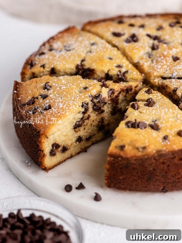 Moist Chocolate Chiffon Cake Recipe for Light, Fluffy Dessert 14 Slices of chocolate chip ricotta cake on a marble cake round with small bowl of mini chocolate chips nearby.