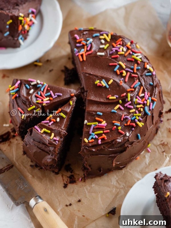 Moist Chocolate Chiffon Cake Recipe for Light, Fluffy Dessert 15 Angled image of sliced single layer chocolate cake on parchment paper with slices of cake on small dessert plates around it and a knife on parchment paper.