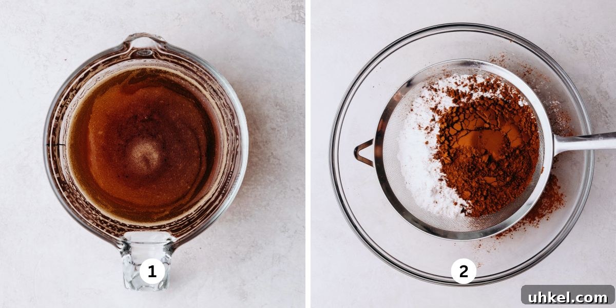 Moist Chocolate Chiffon Cake Recipe for Light, Fluffy Dessert 5 Dissolving espresso powder with warm water in a glass measuring cup and sifting flour and cocoa powder into a glass bowl on a white marbled background.