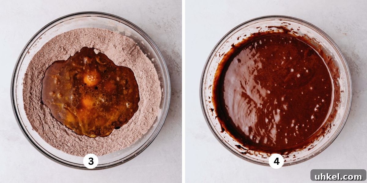Moist Chocolate Chiffon Cake Recipe for Light, Fluffy Dessert 6 Wet ingredients added to the center well of dry ingredients in a glass bowl and a fully mixed bowl of chocolate chiffon cake batter in a glass bowl on a white marbled background.