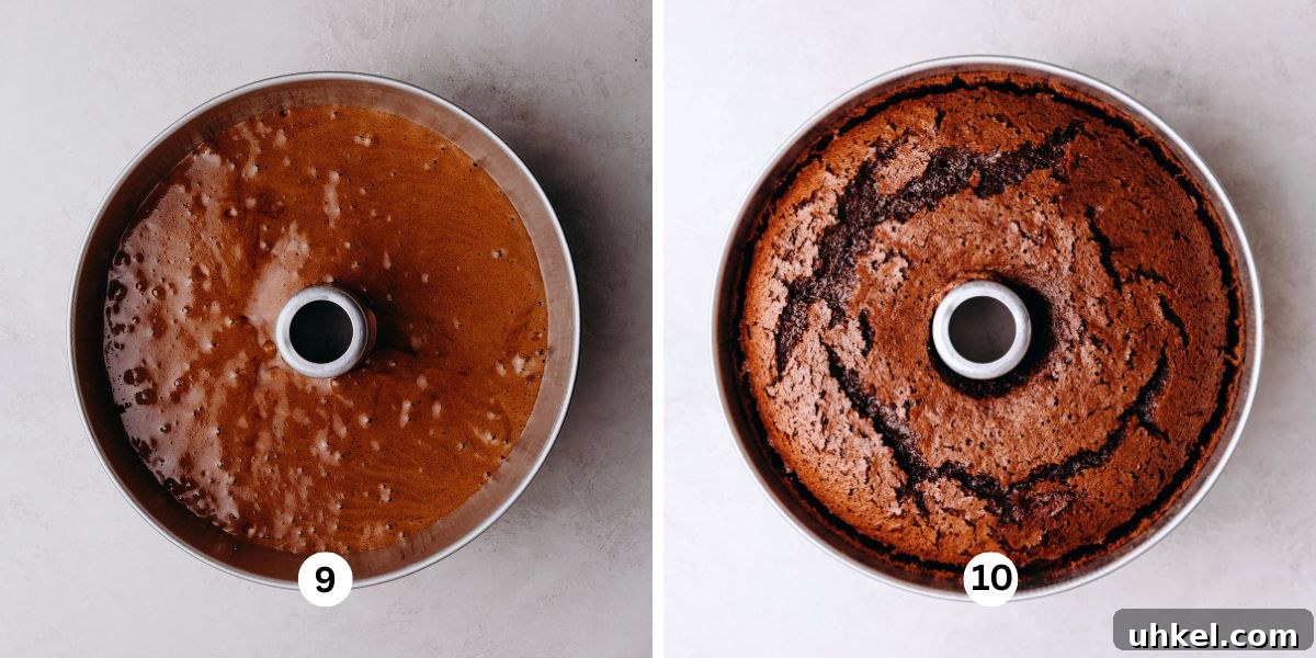 Moist Chocolate Chiffon Cake Recipe for Light, Fluffy Dessert 9 Chocolate chiffon cake batter in an aluminum tube pan then baked.
