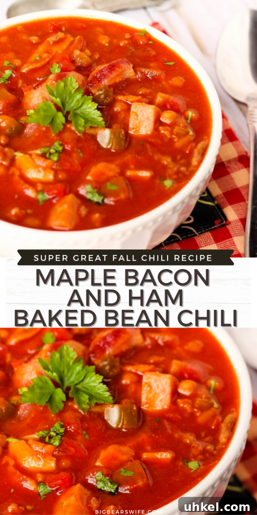 Maple Bacon & Ham Baked Bean Chili Recipe for Cozy Dinners 9 Maple Bacon and Ham Baked Bean Chili - This Maple Bacon and Ham Baked Bean Chili is a nod to my home in Virginia and the flavors that come from around the state. This will warm you up! BigBearsWife fans LOVE this tasty fall recipe! Click the photo to grab the recipe! Maple, Bacon and Chili is amazing together! You'll love this! There are more fall recipes on the blog too!