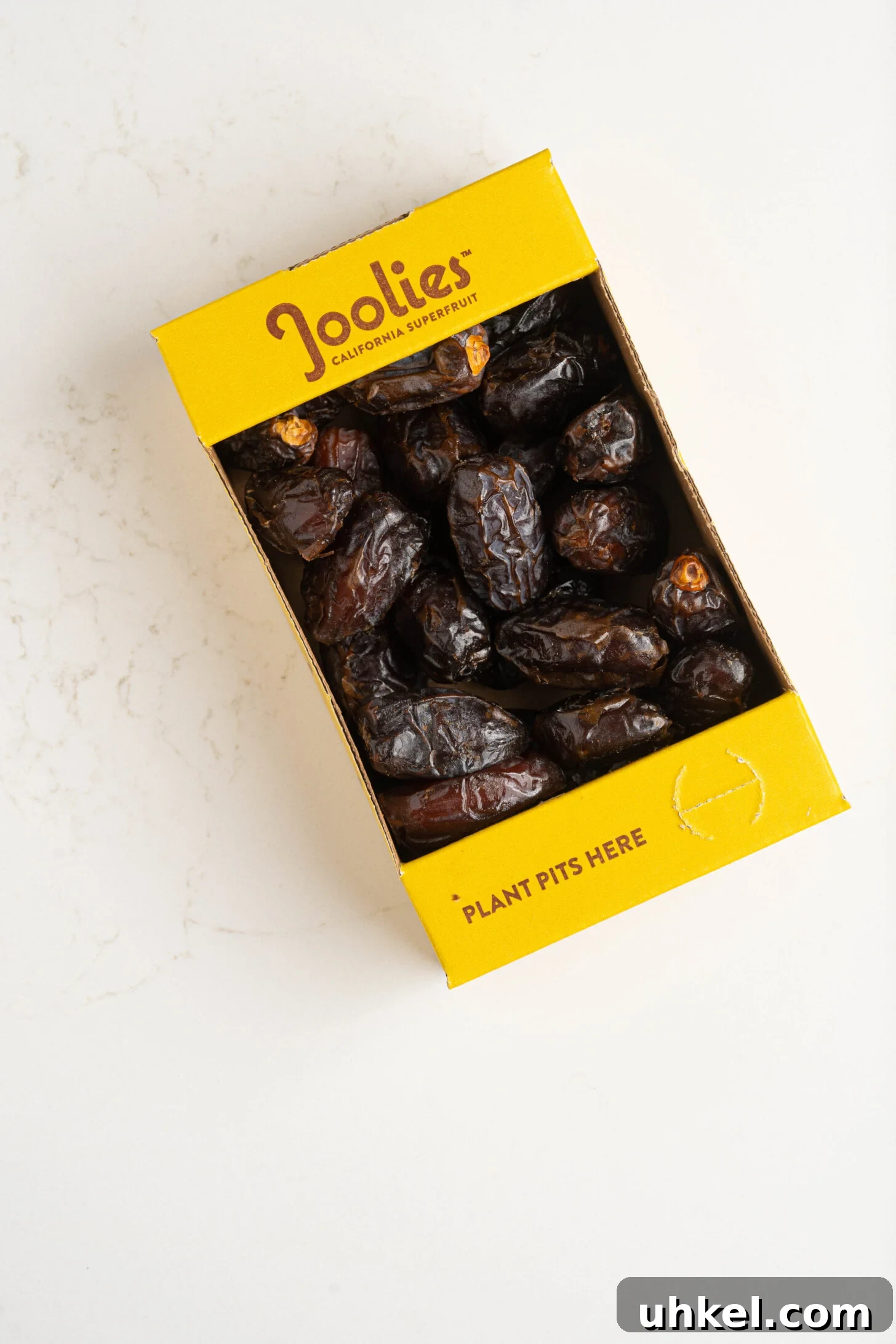a box of dates on a counter
