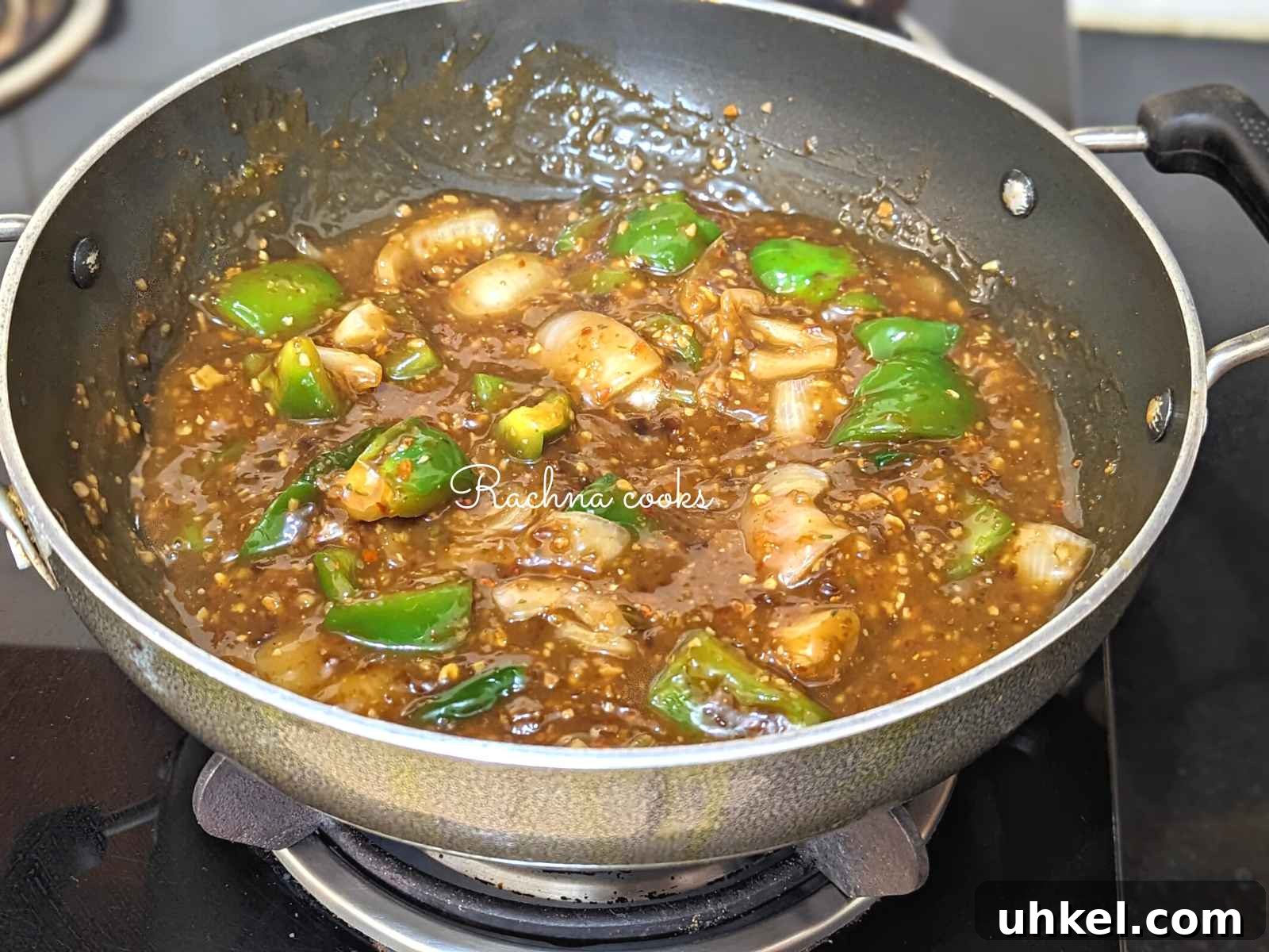 Crispy Tofu Manchurian with Spicy Indo-Chinese Sauce 9 Manchurian sauce added to onion and green pepper