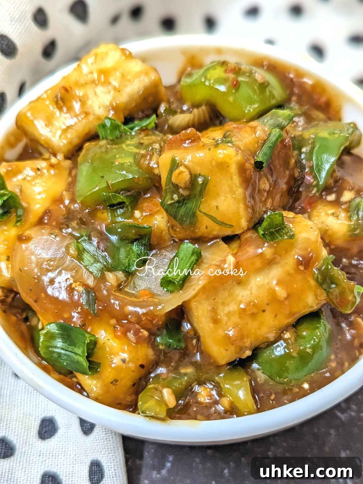 Crispy Tofu Manchurian with Spicy Indo-Chinese Sauce 5 Close up of tofu manchurian in a bowl