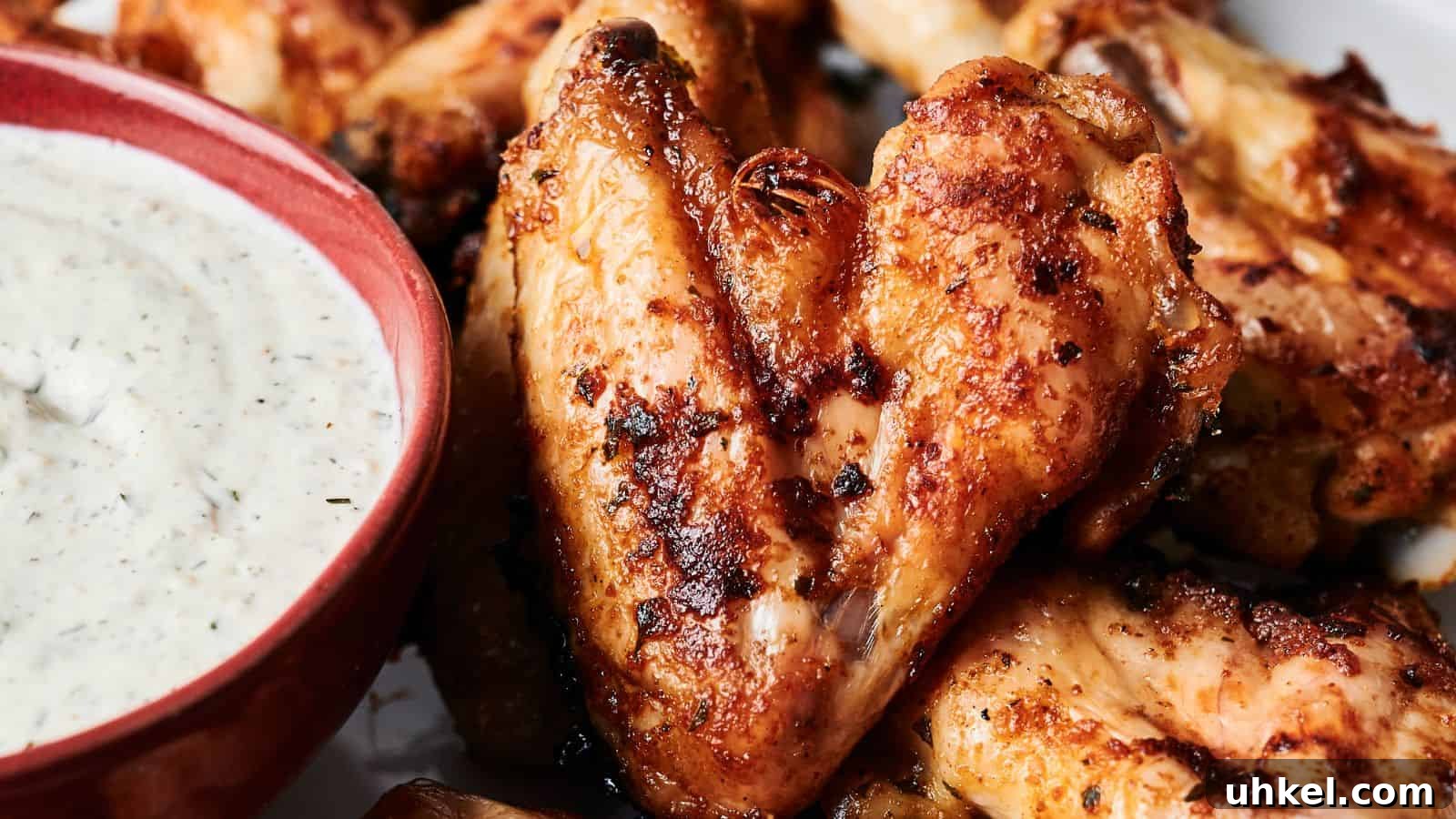 23 Spring Dinner Recipes to Lighten Up Heavy Weeknight Meals 18 Close-up of grilled chicken wings with a crispy texture, next to a red bowl of creamy dipping sauce.