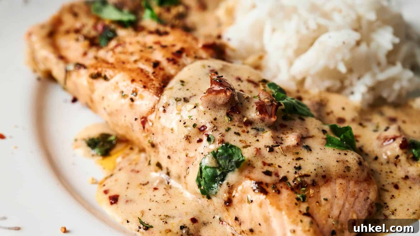 23 Spring Dinner Recipes to Lighten Up Heavy Weeknight Meals 20 Grilled salmon fillet topped with a creamy herb sauce, served next to a portion of white rice.