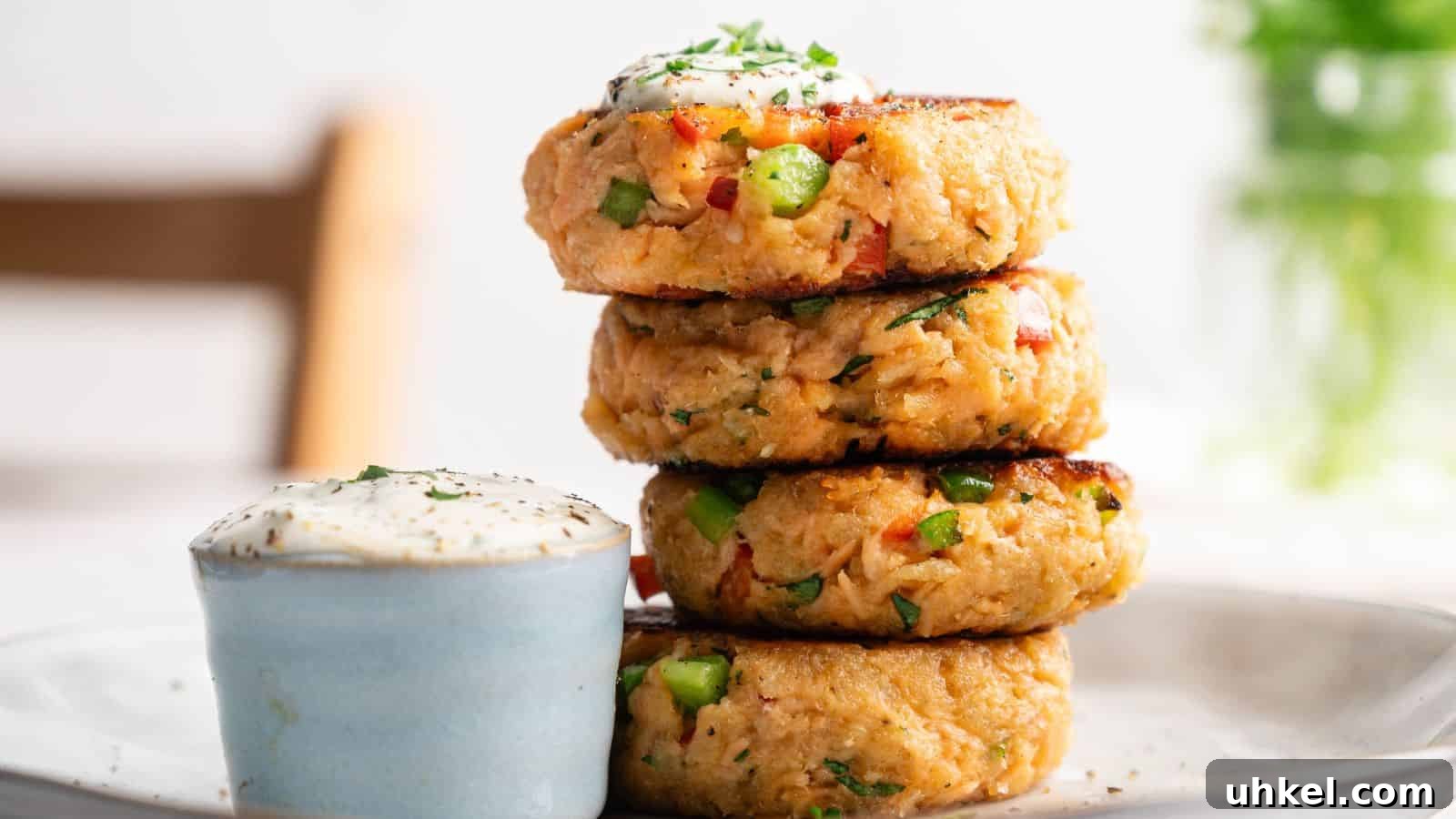 23 Spring Dinner Recipes to Lighten Up Heavy Weeknight Meals 6 A stack of four vegetable patties is plated next to a small cup of creamy dipping sauce, garnished with herbs.