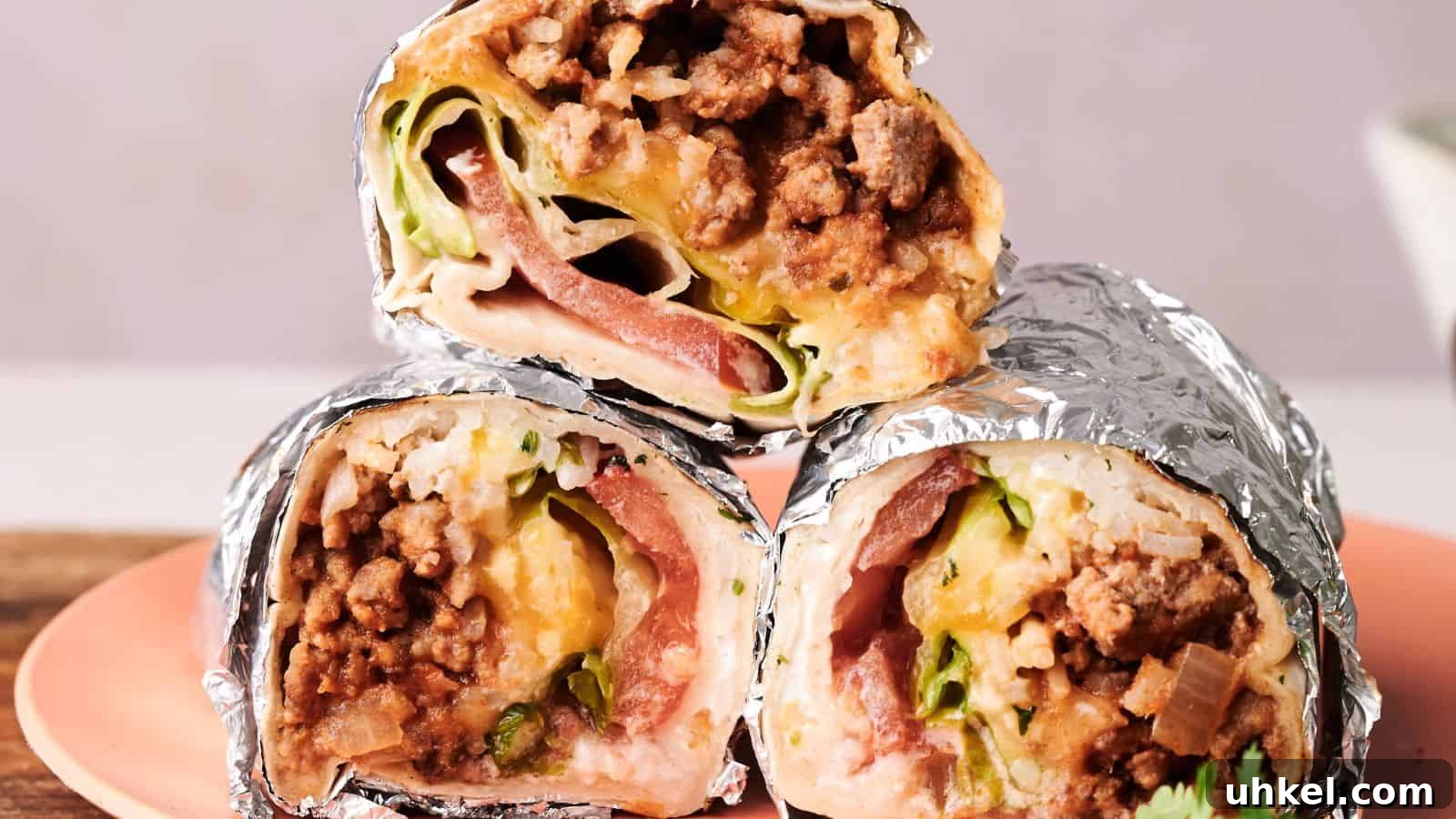 23 Spring Dinner Recipes to Lighten Up Heavy Weeknight Meals 7 Three foil-wrapped burrito halves filled with ground meat, cheese, lettuce, and tomato are stacked on a pink plate.