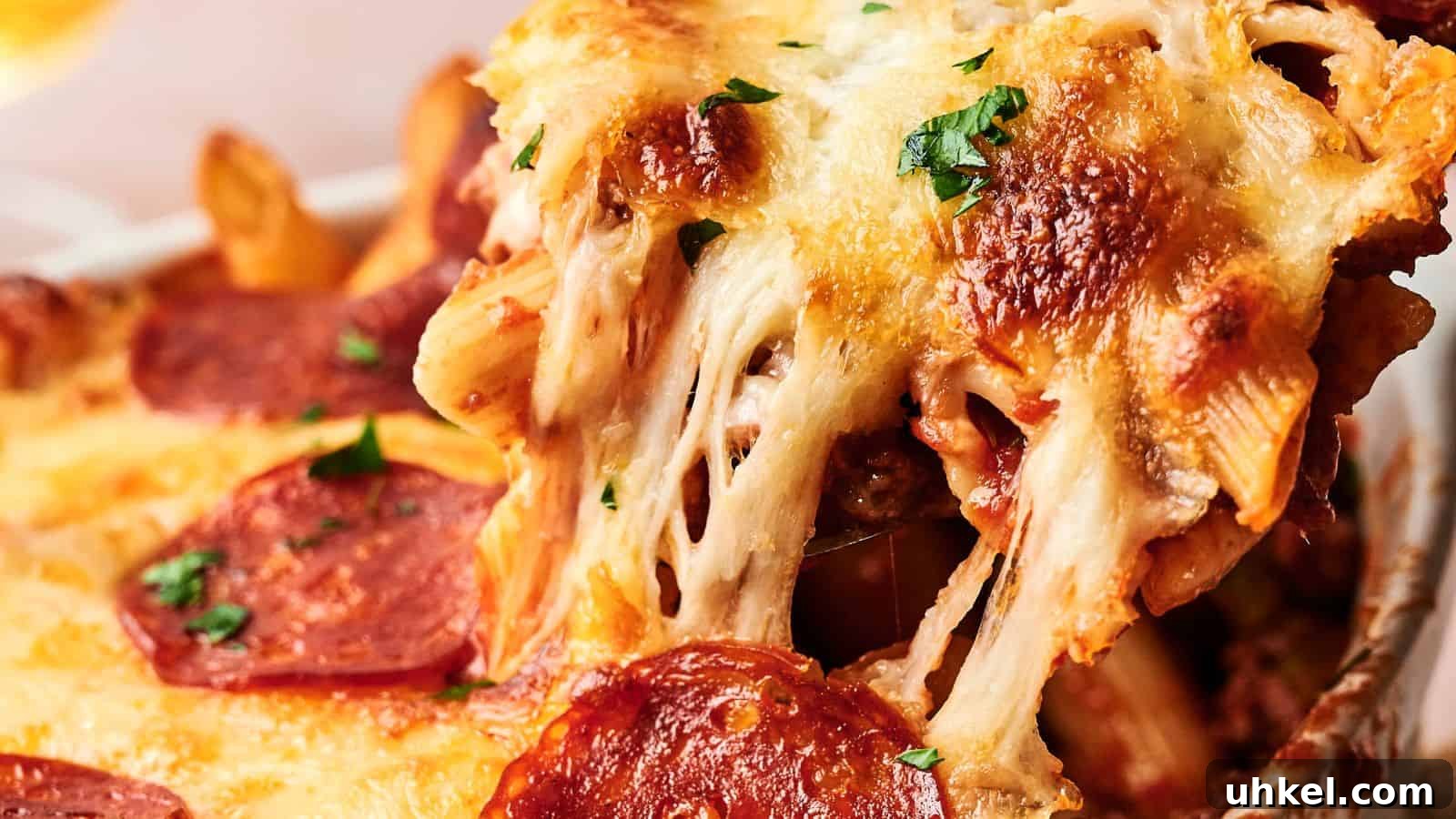 23 Spring Dinner Recipes to Lighten Up Heavy Weeknight Meals 10 A close-up of a baked pasta dish with melted cheese, pepperoni slices, and herbs, showing a serving being lifted, revealing gooey cheese strands.