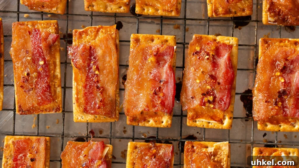 Candied Bacon Crackers: Sweet and Salty Holiday Snack Recipe 4 Candied bacon crackers with parmesan and brown sugar sitting on a wire rack—straight from the oven.
