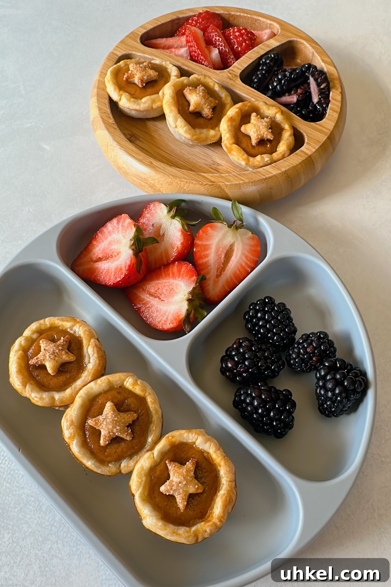 Mini Pumpkin Pies Sweetened with Maple Nectar 2 Maple sweetened mini pumpkin pies served with strawberries and blackberries.
